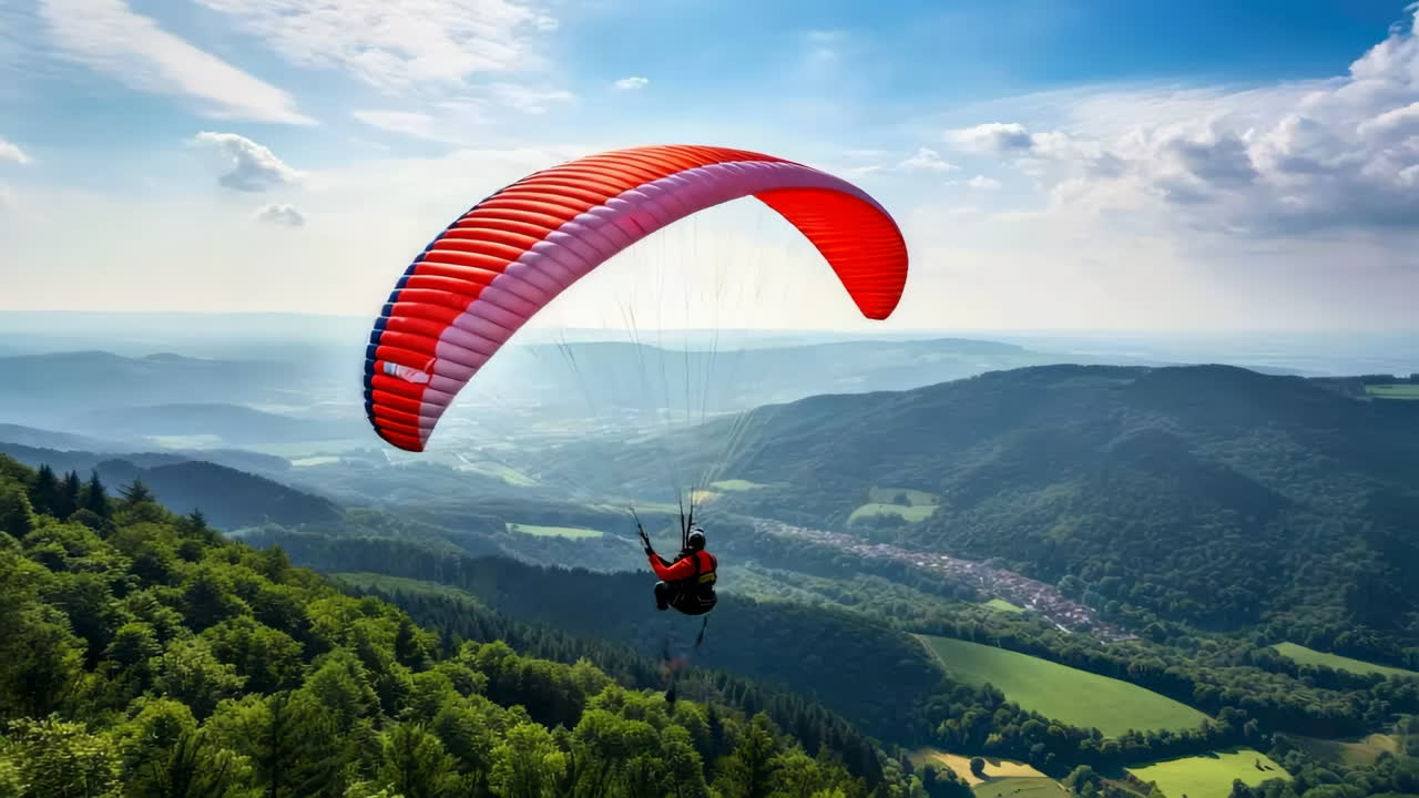 Parapentista sobre un pintoresco paisaje montañoso