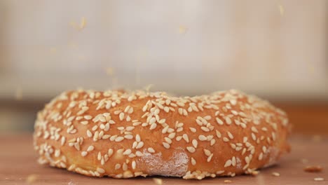 sesame seeds falling on freshly baked bagel, close up with copy space