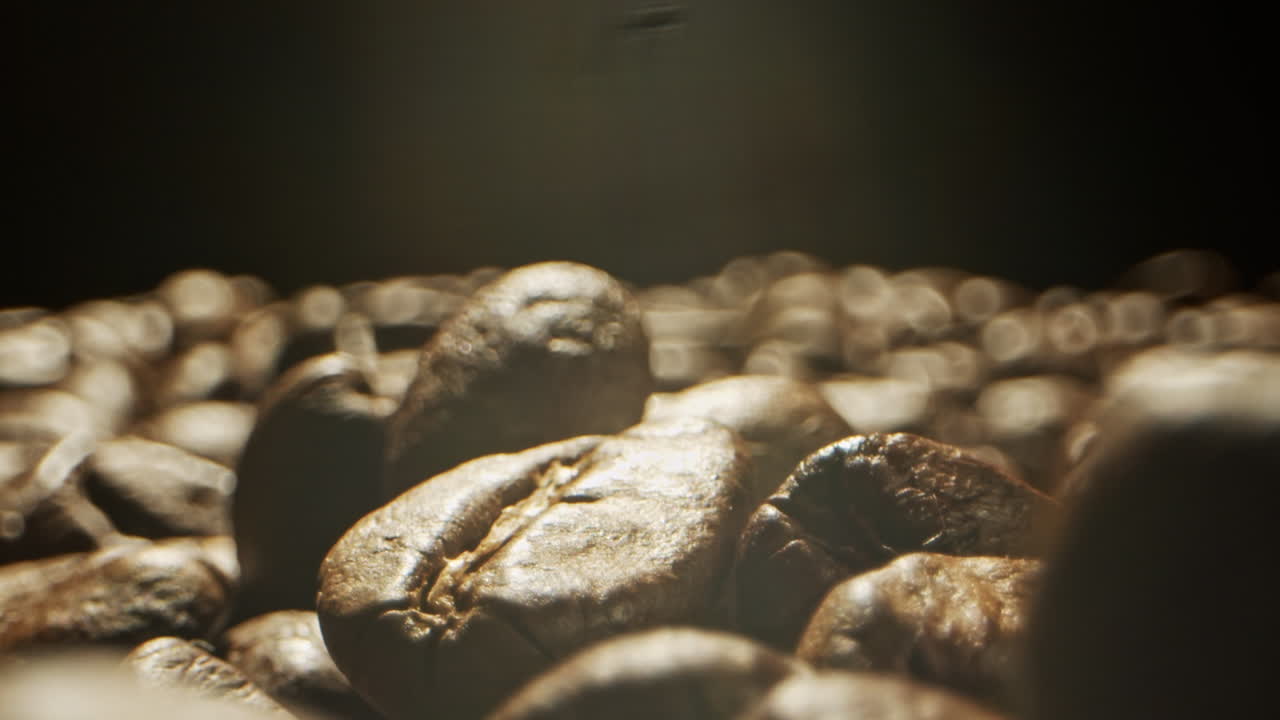 granos de café cayendo desde arriba con un solo grano enfocado al frente