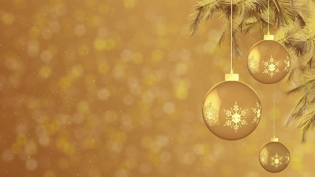 Christmas golden baubles hanging decorations ornament and snowflakes loop background festive