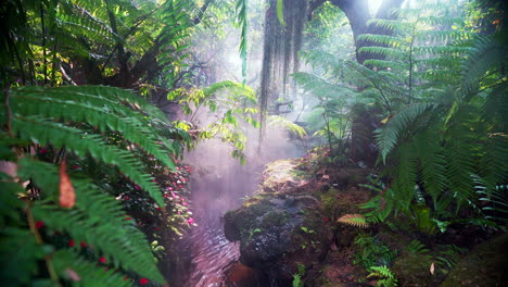 Steaming-jungle-with-ferns-and-flowing-stream-with-wooden-water-wheel