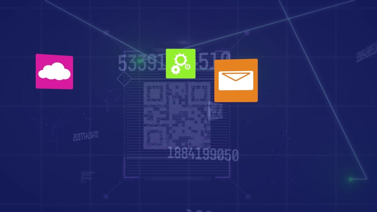 Animasjon av databehandling og ikoner over en avspillingsskjerm på blå bakgrunn.