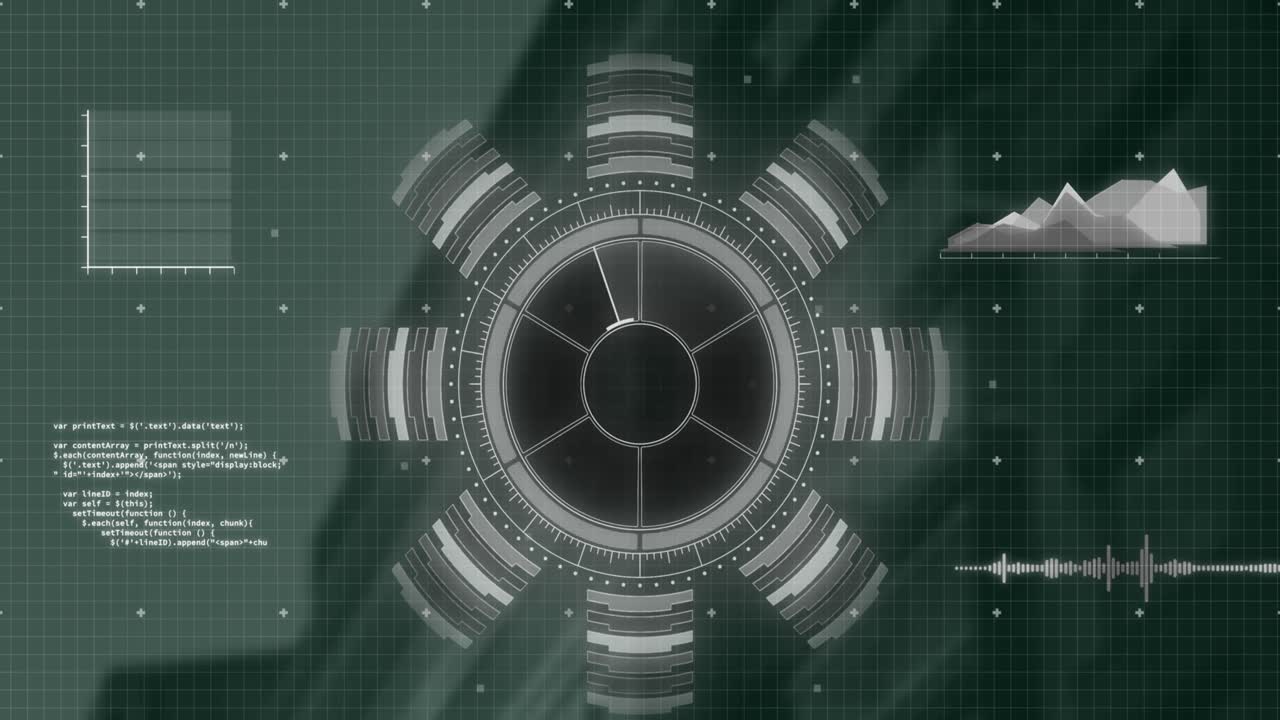 Animation of round scanner and data processing against tall buildings