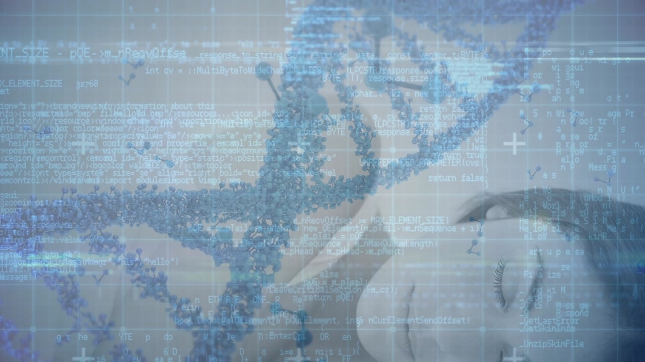 Animation of nucleotides, dna helix, programming code over young caucasian woman sleeping on bed