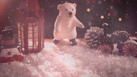 animation of christmas decorations with lantern, polar bear and snow