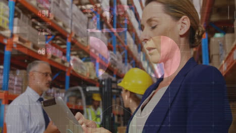 animation of data processing and diagrams over caucasian businesswoman using tablet in warehouse