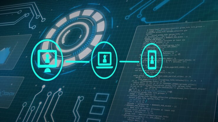 Animating digital network and cybersecurity over computer code and circuit board background