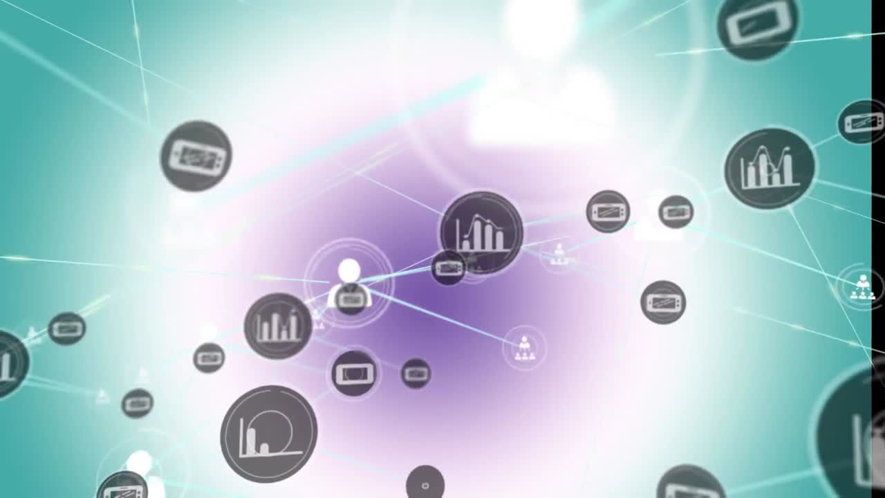 animación de la red de conexiones con iconos sobre fondo azul