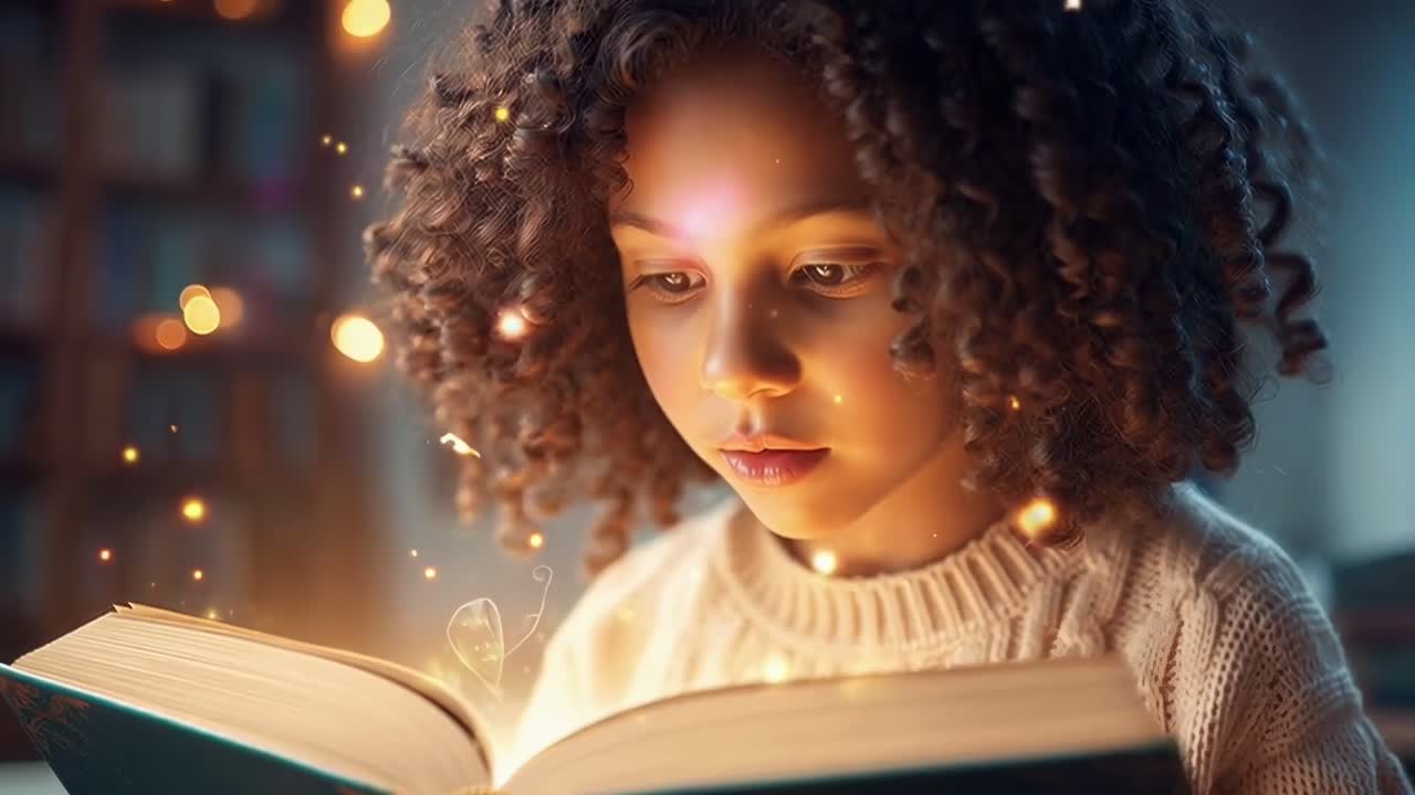 Ein Kind, das ein magisches Buch liest, Nahaufnahme, Nahaufnahme, glühende Effekte, filmreifer Videostil