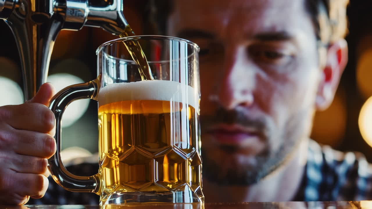 el camarero vertiendo cerveza.