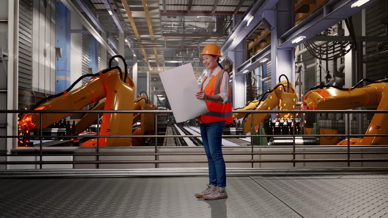 Full Body Side View Of Asian Female Engineer With Safety Helmet Looking At Blueprint In Her Hands And Looking Around While Standing With Industrial Robotic Arms Working