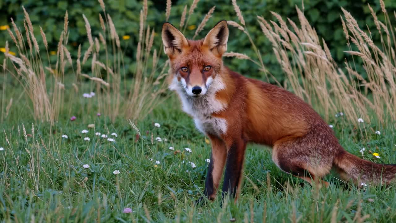 Close-up video still of a fox in a grassy field, captured at eye level