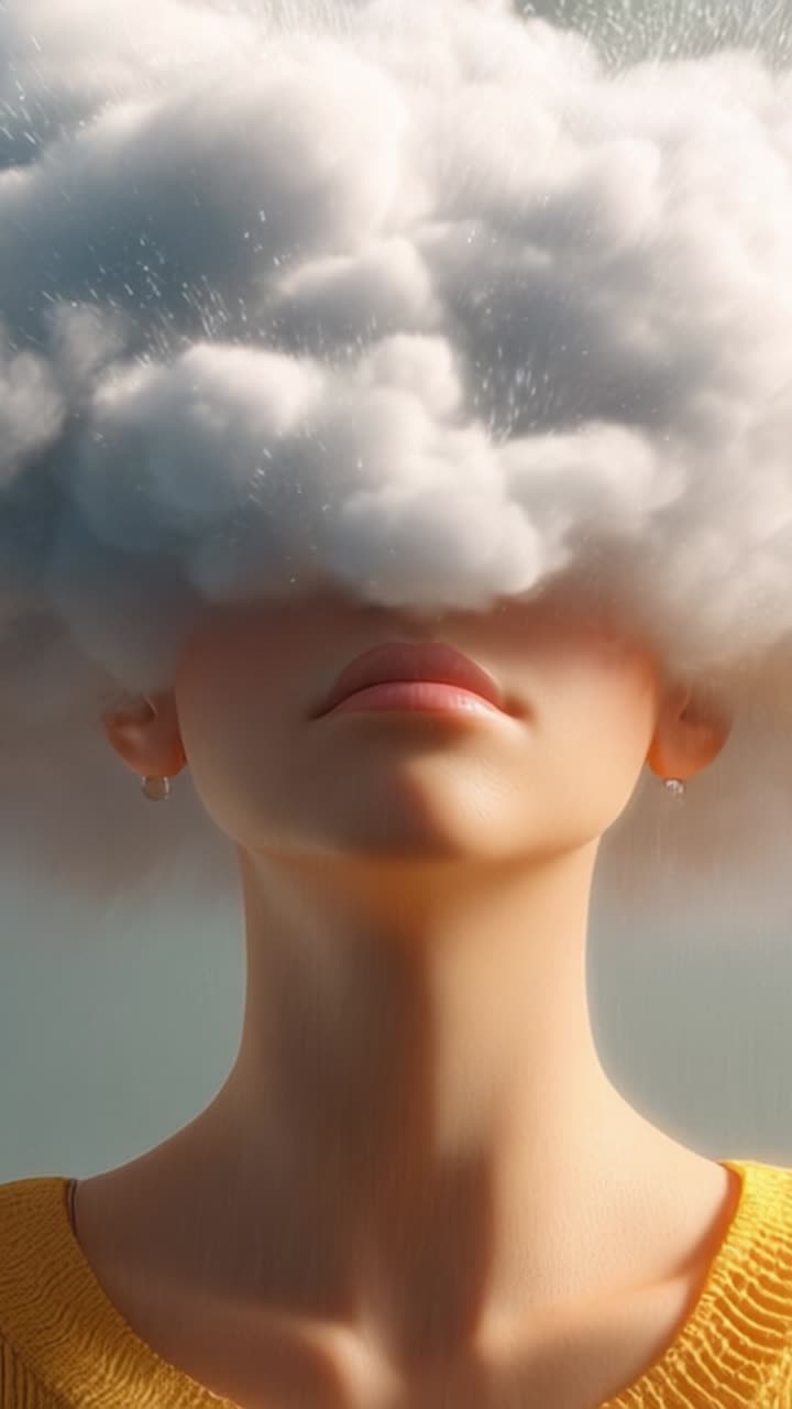 Un Momento Onirico: Nuvola Eterea che Copre il Volto di una Donna, Fondendo Immaginazione e Realtà in un'Esperienza Visiva Surreale