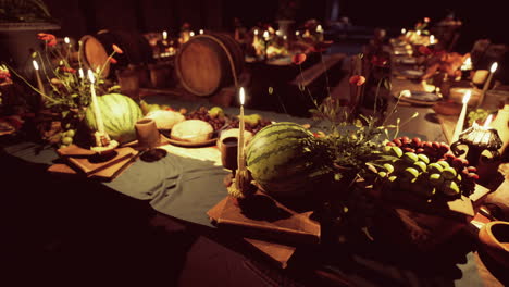 a delightful banquet featuring various foods and drinks at an evening gathering