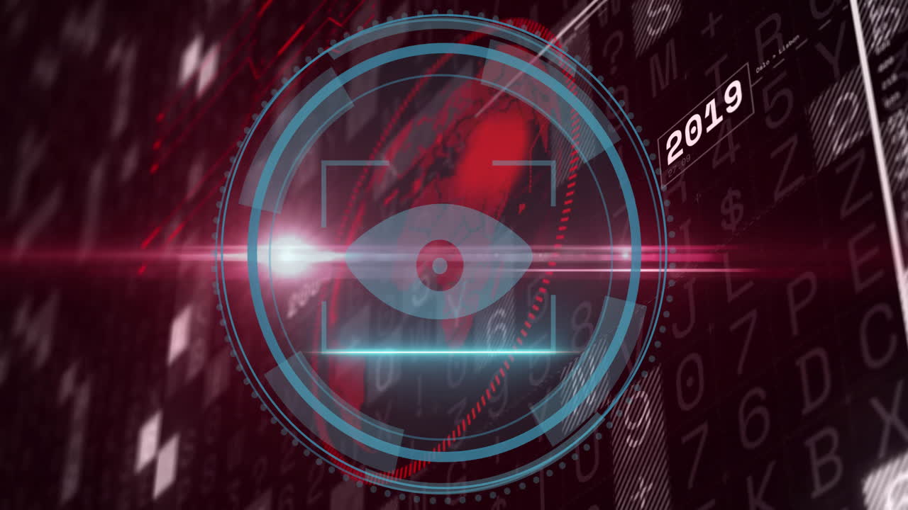 Animation of digital eye with futuristic data patterns and numbers including 2019