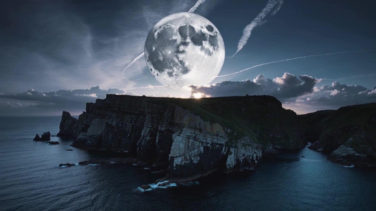 Cakram bulan yang terbit menerangi tepi tanjung berbatu saat senja dengan pantulan cahaya halo.