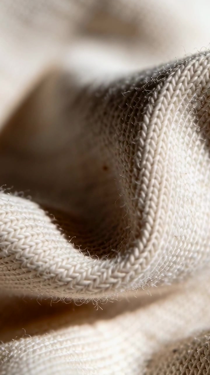 Video verticale: Telecamera che si sposta su una maglia beige piegata, mostrando la trama, gli anelli e le fibre in studio.