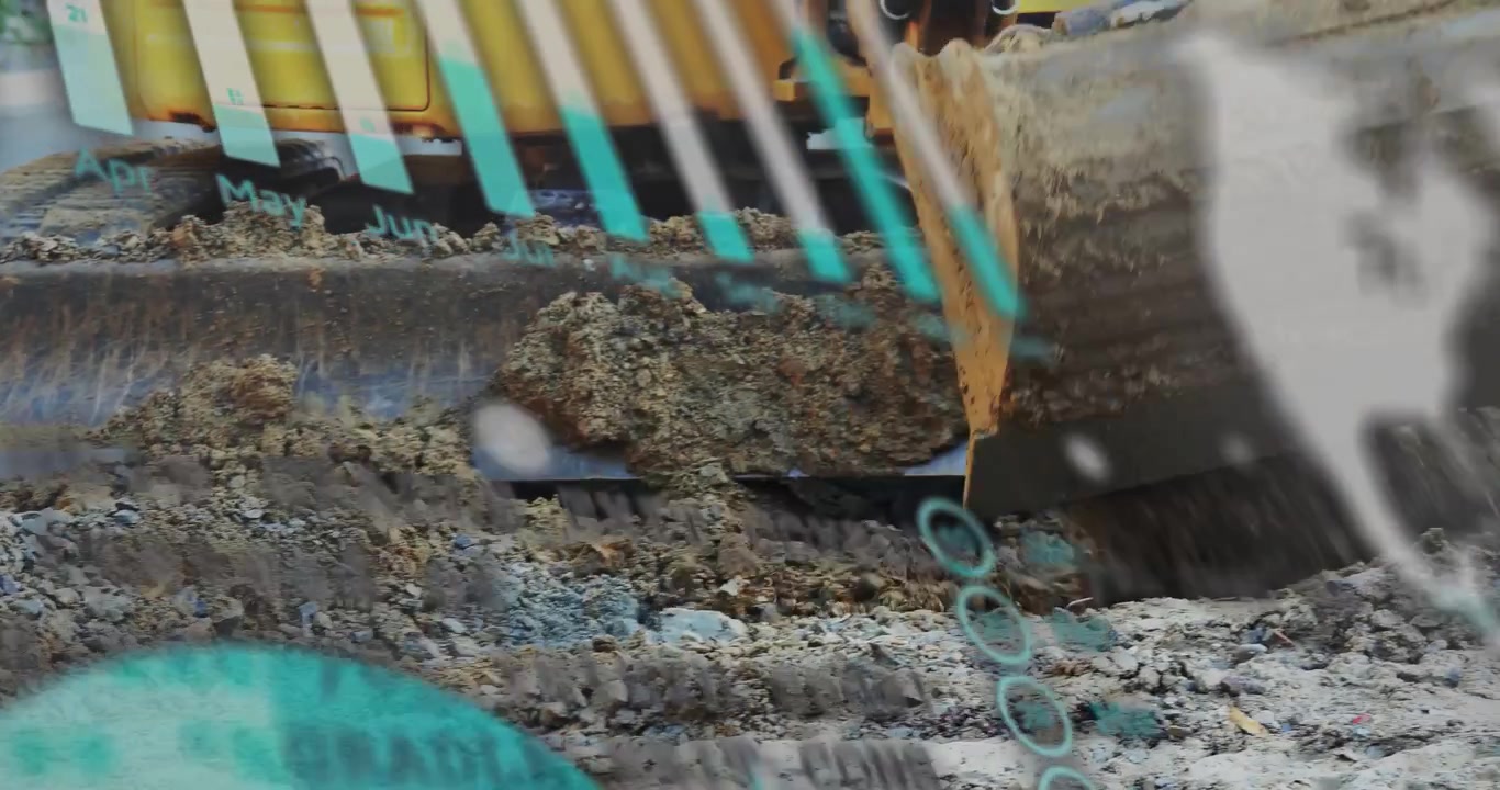 Impianto idraulico che avvia la benna dell'escavatore che raschia e spinge la ghiaia, mostrando sovrapposizioni color verde acqua per la livellazione