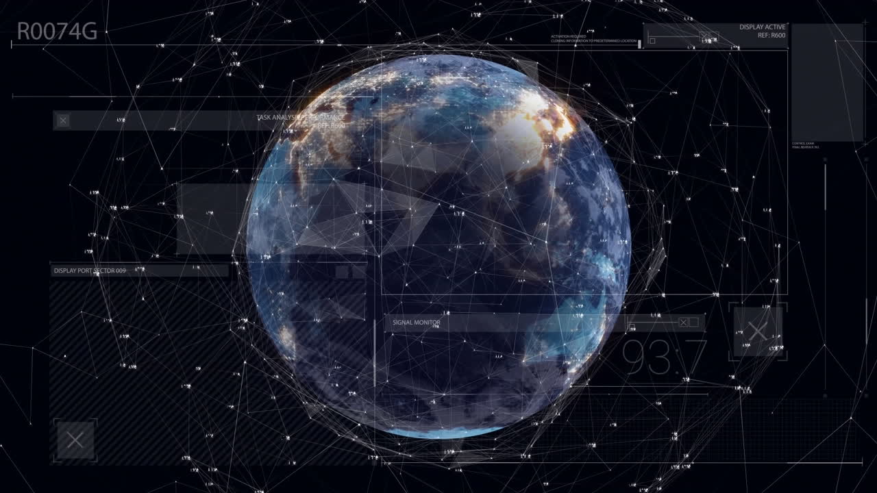 Animation of interface with data processing against network of connections over spinning globe