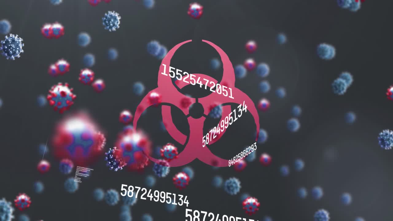 animación digital de múltiples números cambiantes flotando sobre las células de covid-19 que se mueven contra el peligro biológico