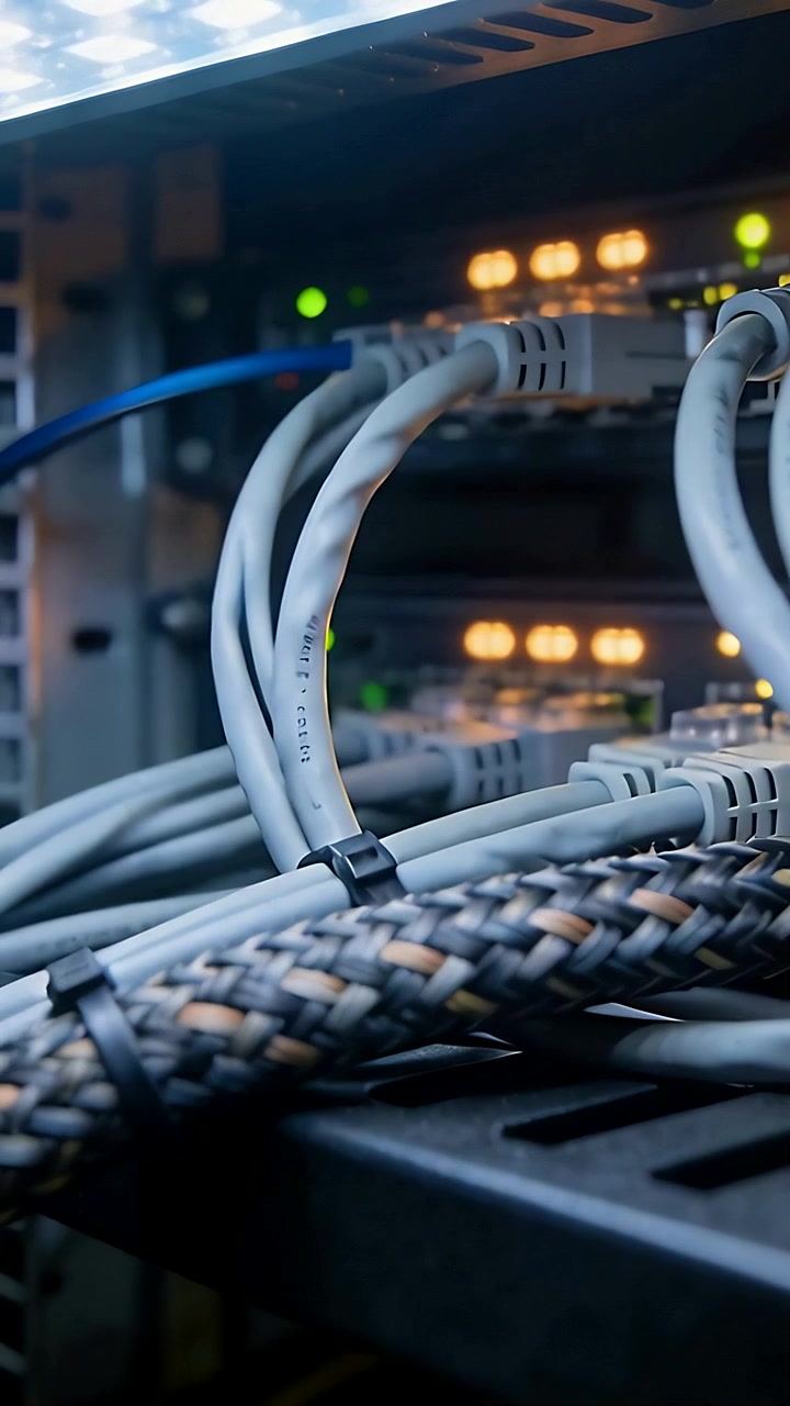 Vertical video: Panning camera revealing braided sleeve, gray cords, zip ties in rack