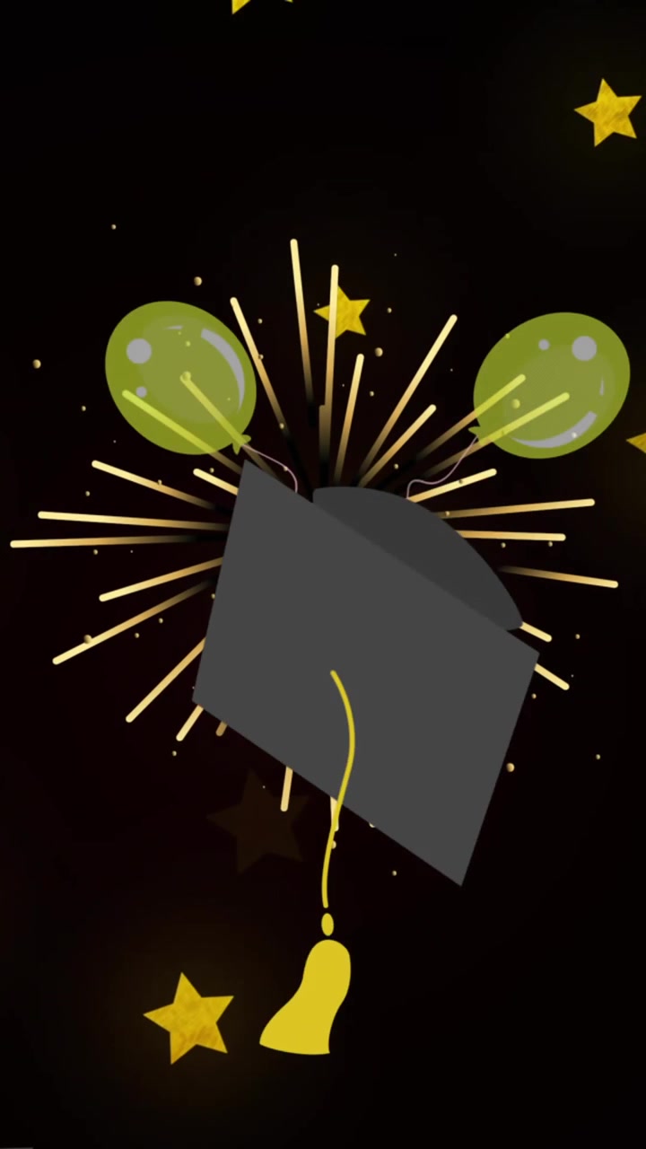 Animazione di palloncini che volano e cappelli di laurea su stelle sullo sfondo
