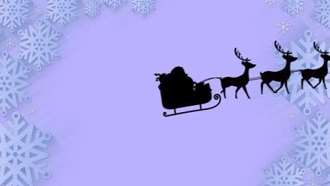 Santa-claus-in-sleigh-being-pulled-by-reindeers-over-snowflakes-icons-against-purple-background