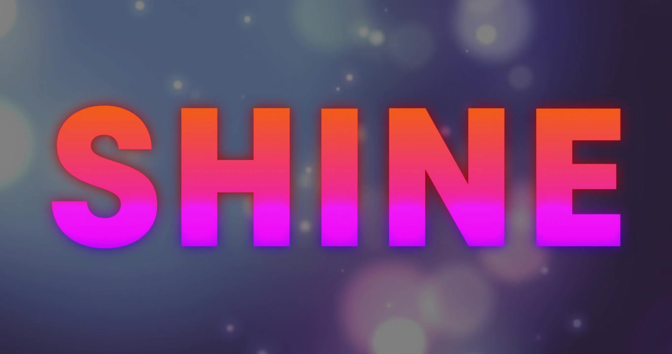 Glødende fargerik SHINE-tekst med animasjon over bokeh og bakgrunn med uskarpe lys.