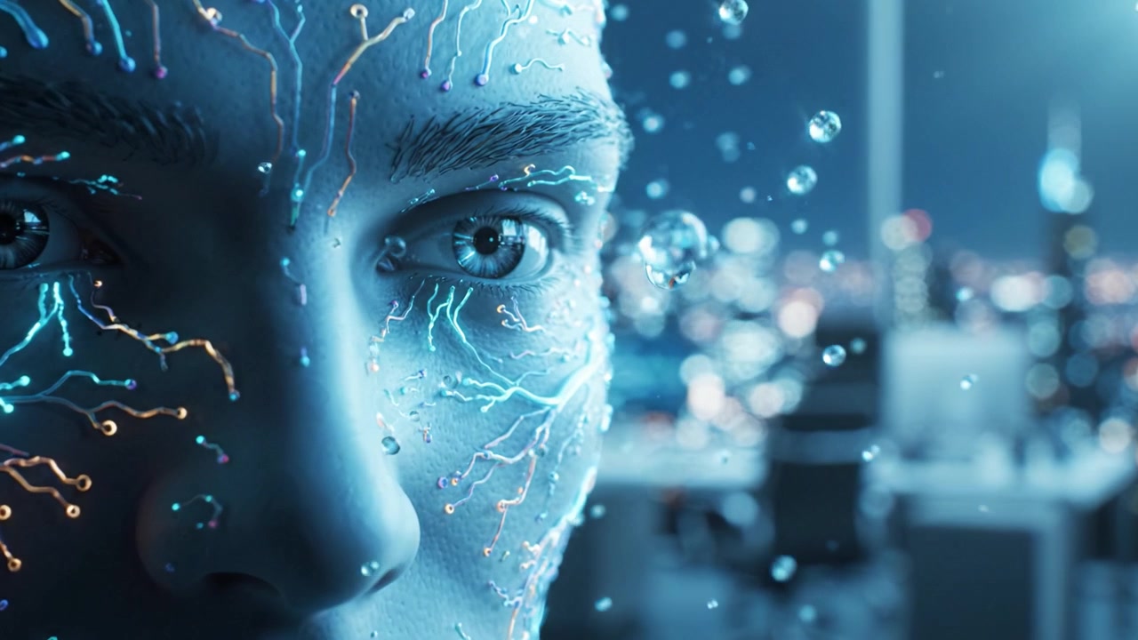 Futuristic Portrait of a Human Face with Digital Circuits and Water Droplets Portraying the Fusion of Technology and Humanity in a Complex Urban Environment