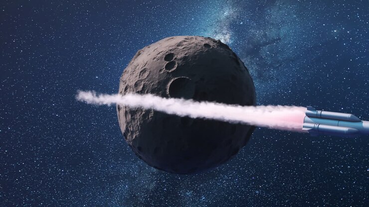The rocket passed over the moon, 3d rendering.