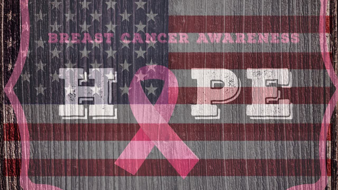 미국 국기 위에 유방암 텍스트가 있는 분홍색 리본 로고의 애니메이션