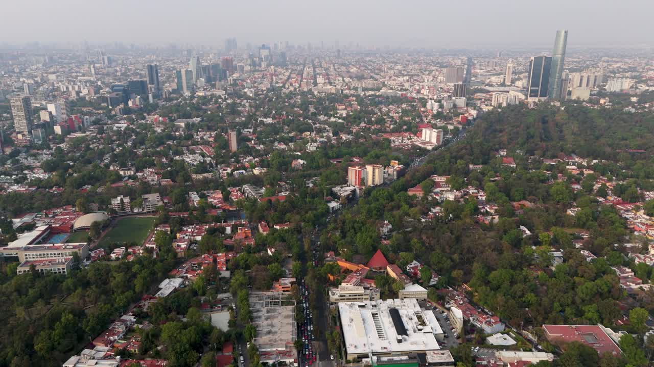 High altitude aerial view of smog afternoon in Mexico City