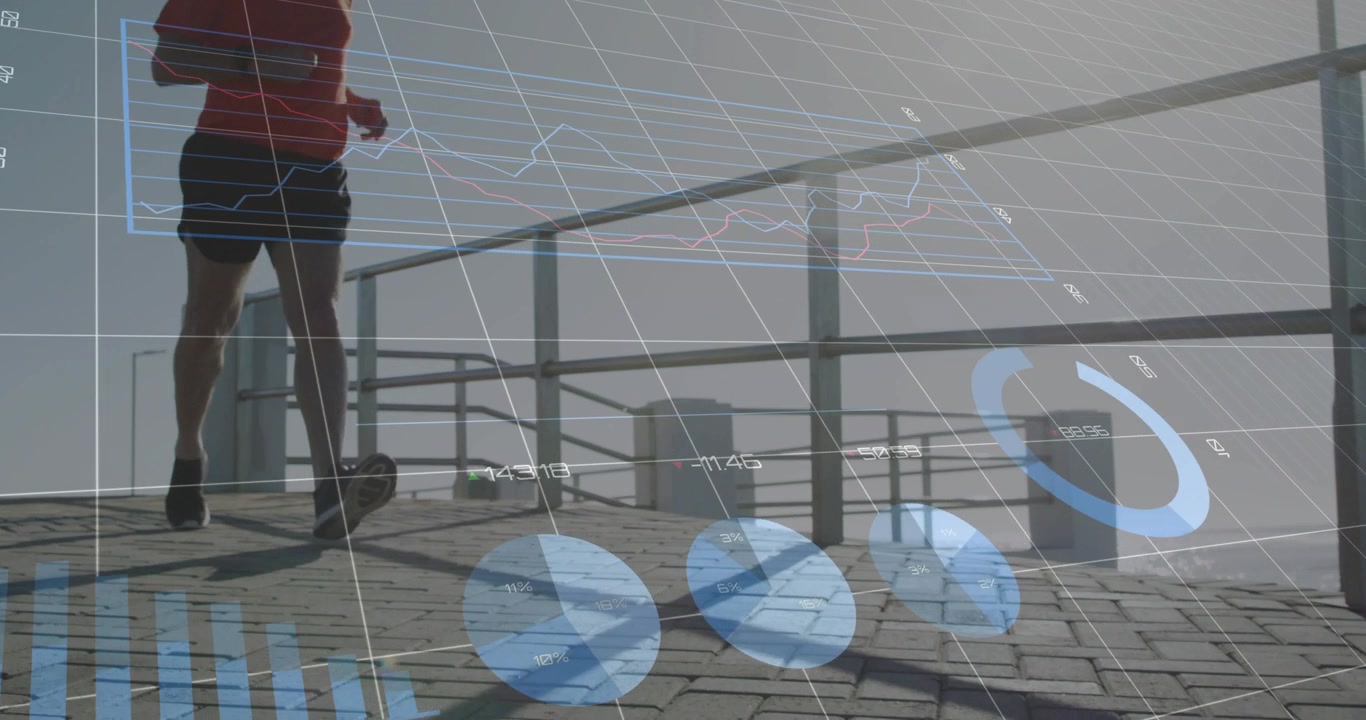 Jogging senior runner red along sea railing, camera lowering tracking fitness overlays, copy space