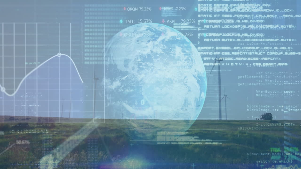 3D Earth globe rotating over grassy field, overlaid with line graph, stock ticker and code