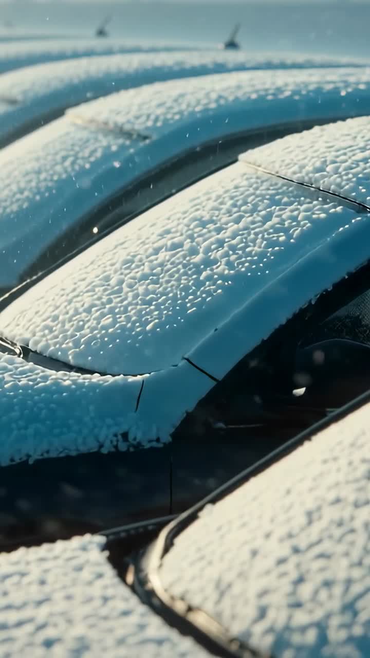 Vertical video: Snowfall causing snowflakes drifting onto cars at waterfront, coating windshields