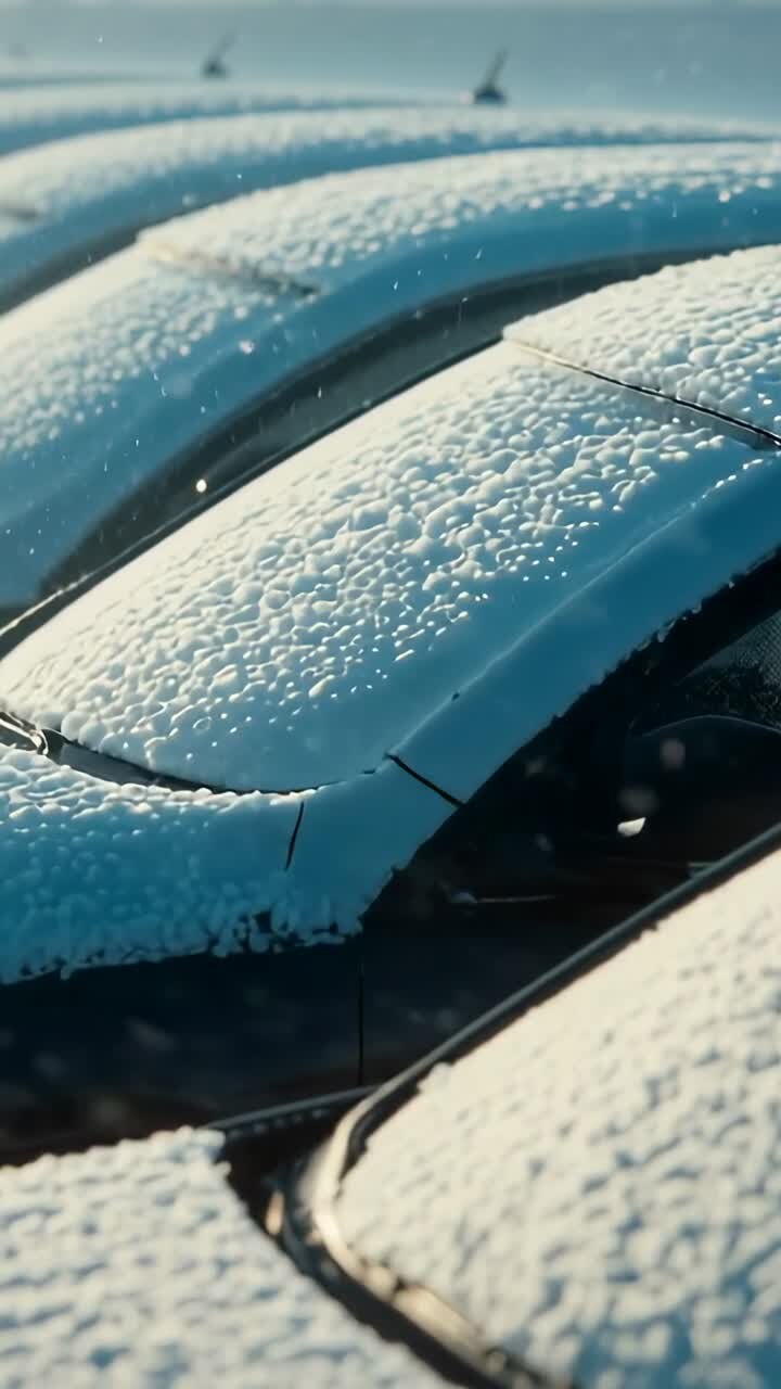 Video verticale: nevicata con fiocchi di neve che si depositano sulle auto sul lungomare, ricoprendo i parabrezza