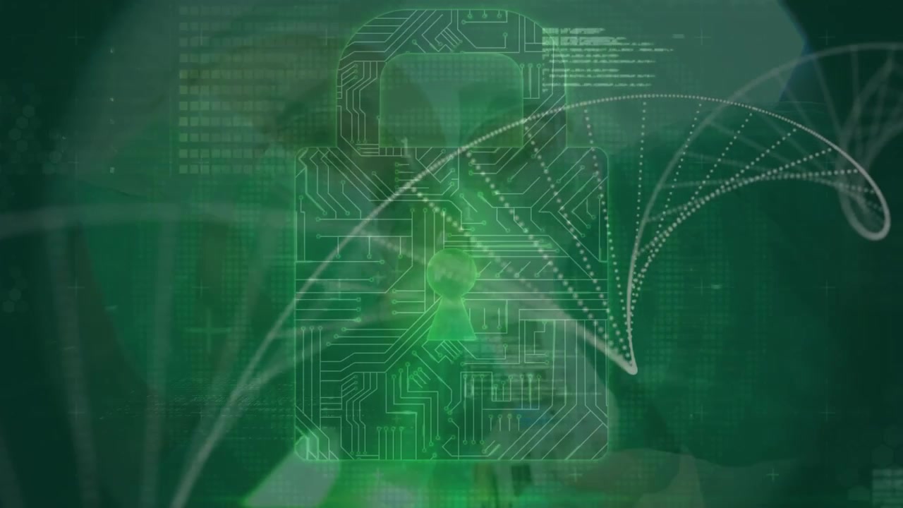 Animation of dna structure spinning and data processing against team of surgeons at hospital