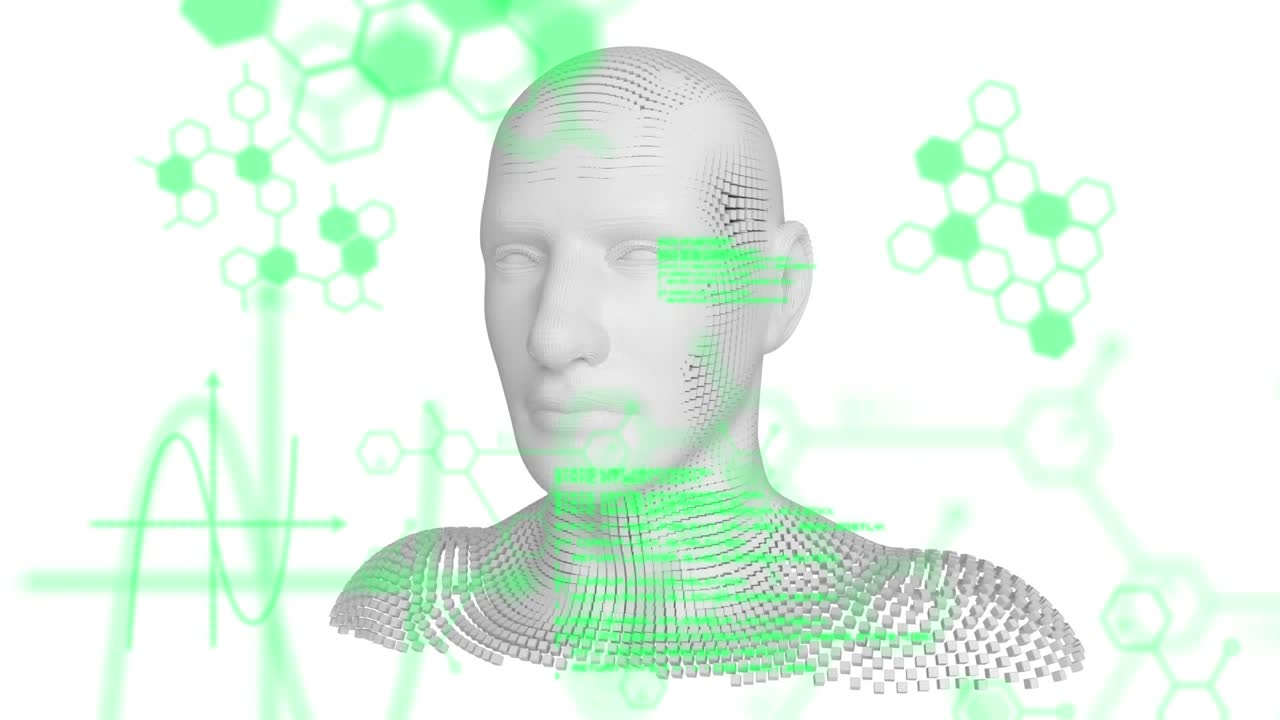 Animation of human model and scientific data processing on white background