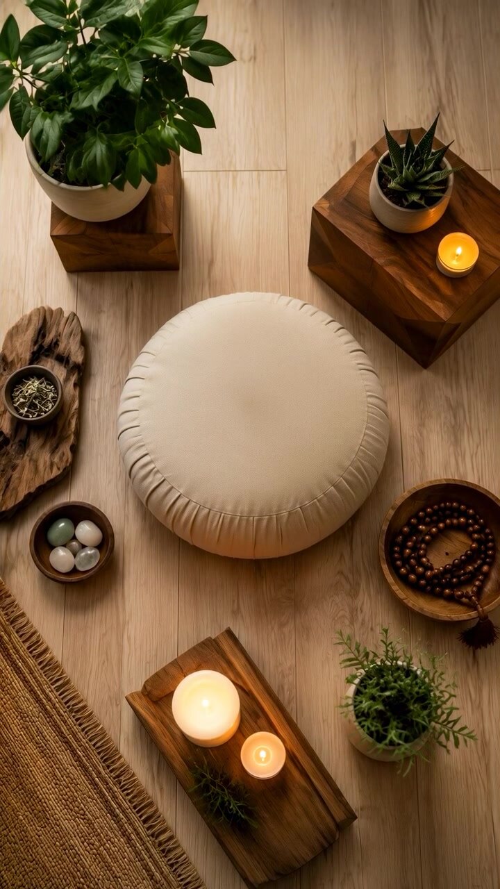 Ovenfra-perspektiv av et rolig minimalistisk meditasjonsoppsett på et lyst tregulv, sentrert rundt en rund beige pute og omgitt av planter, lys, keramikk, steiner og jordnær innredning, med meditasjon