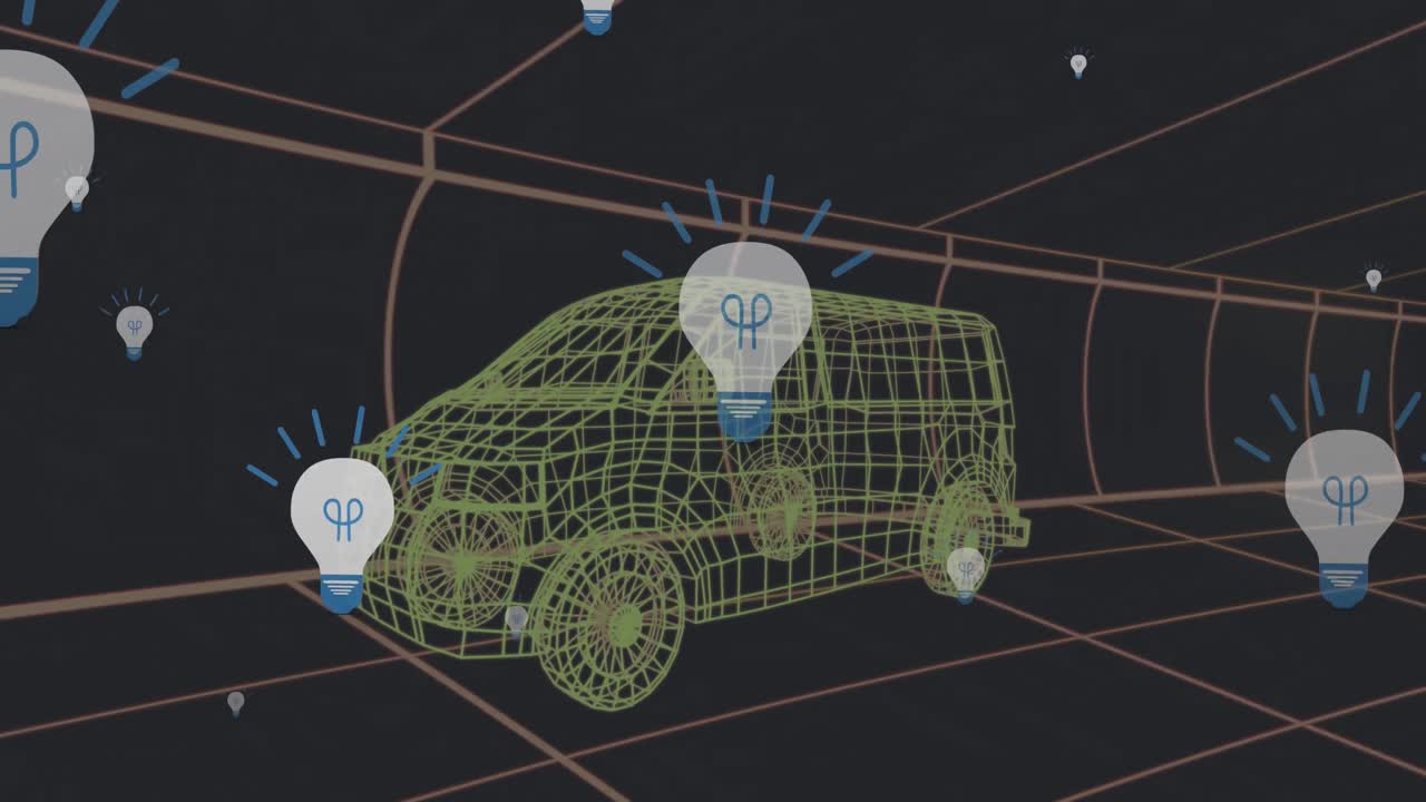 animación de los iconos de caída modelo de coche 3d sobre la cuadrícula en fondo negro.