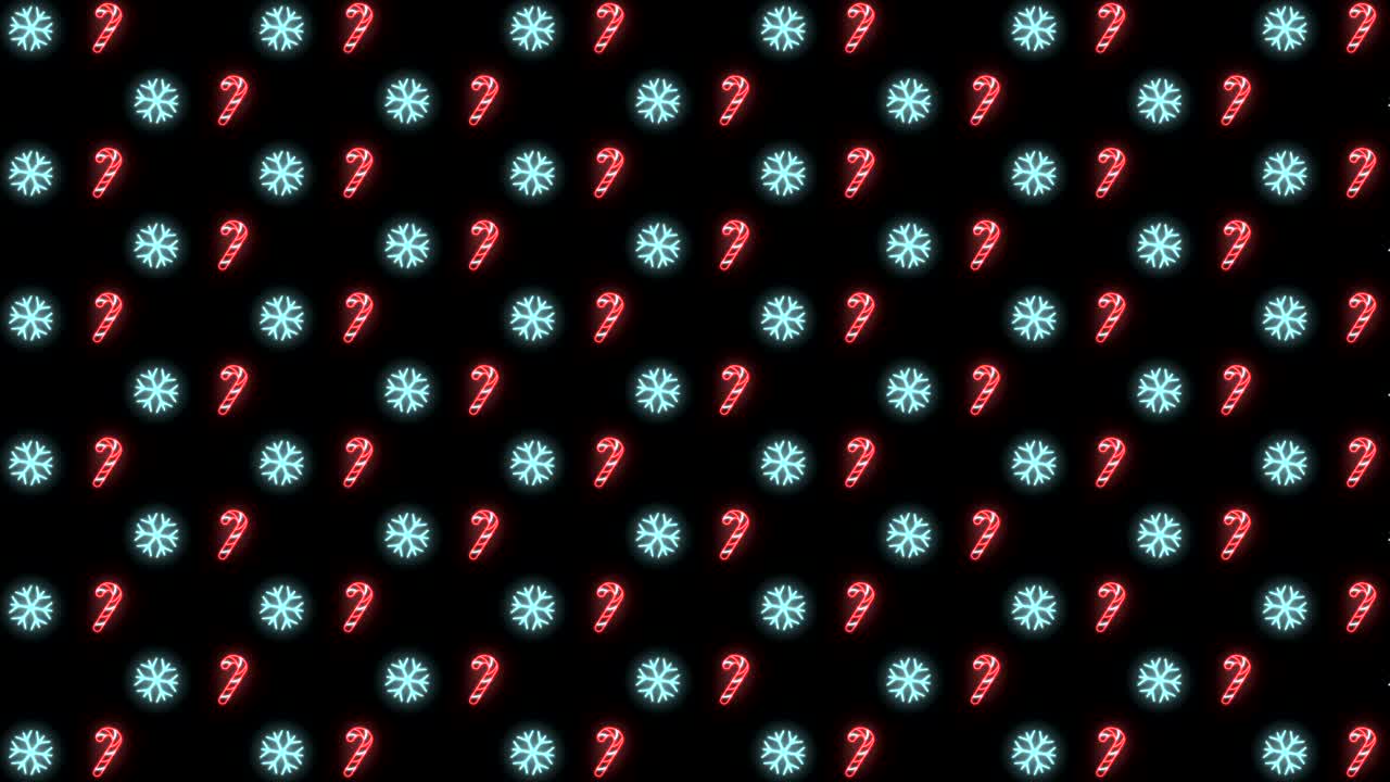 fondo de patrón navideño de neón de árbol de navidad, copo de nieve, sombrero de santa y bastón de caramelo en animación en bucle rojo, blanco y negro