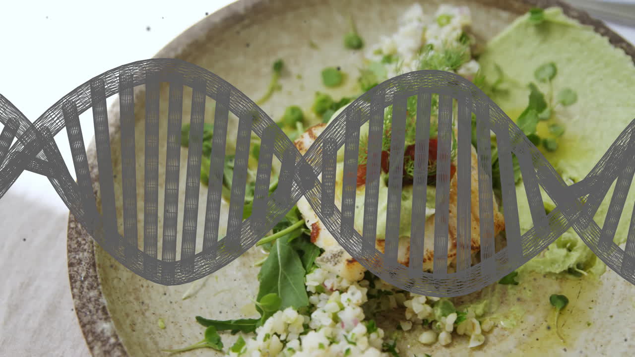 DNA strand animation over gourmet dish with greens and grains