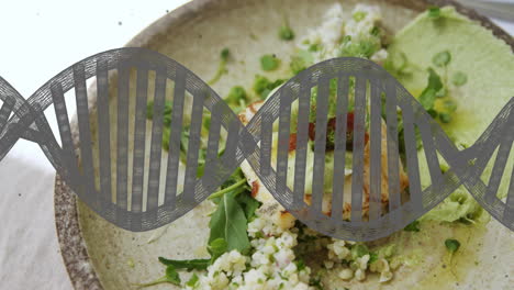 dna strand animation over gourmet dish with greens and grains