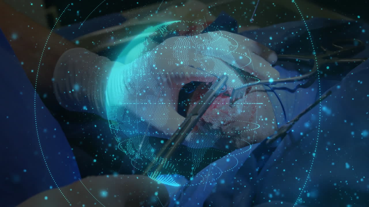 surgeon using forceps and drill in medical operating room, showing holographic globe with particles