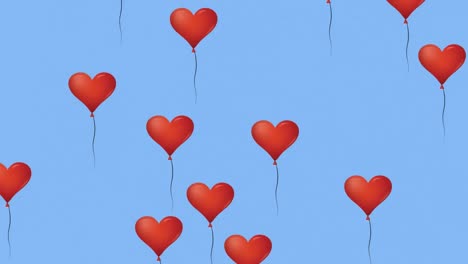 digital animation of multiple red heart shaped balloons floating against blue background