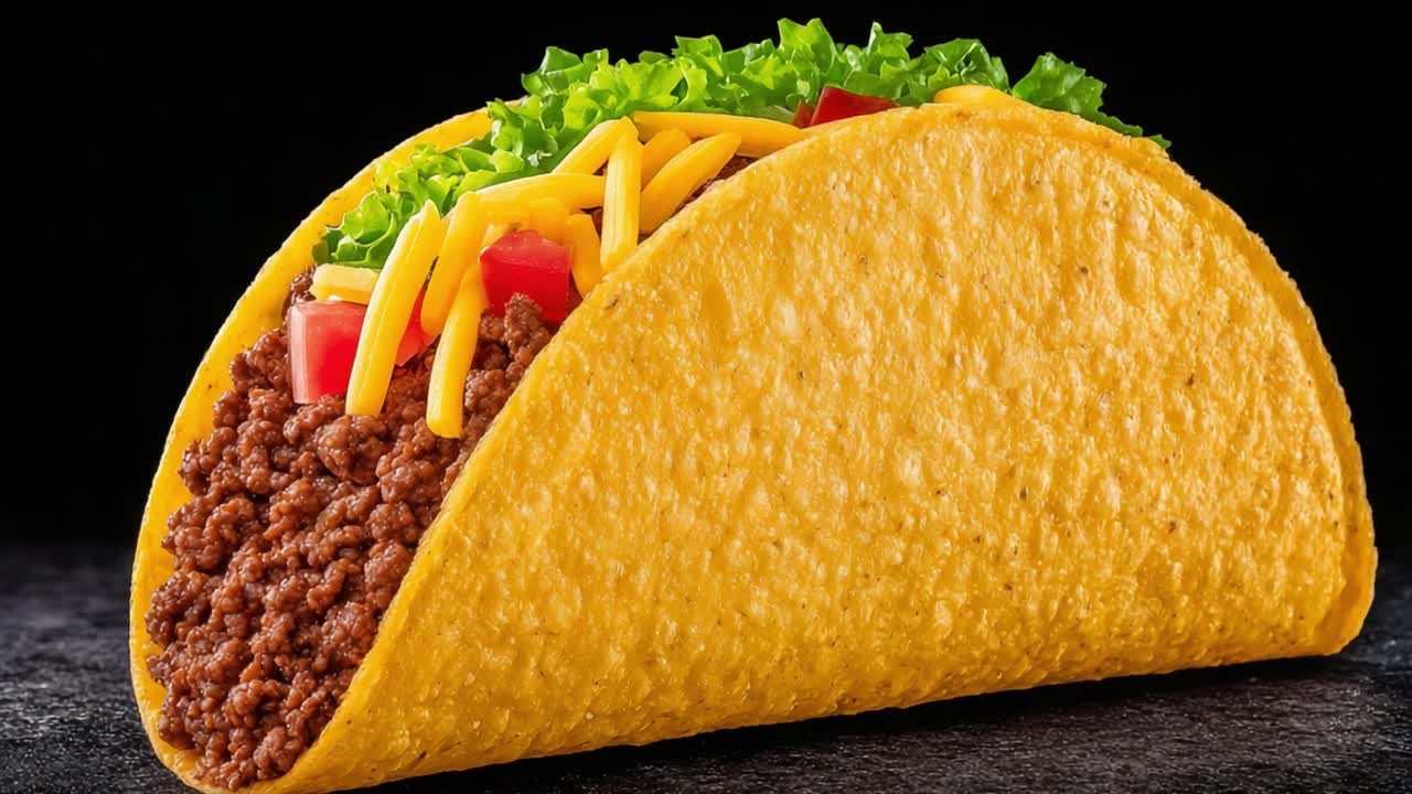 Delizioso taco croccante ripieno di carne macinata speziata, lattuga fresca, pomodori a dadini e formaggio grattugiato, perfetto per qualsiasi pasto o spuntino