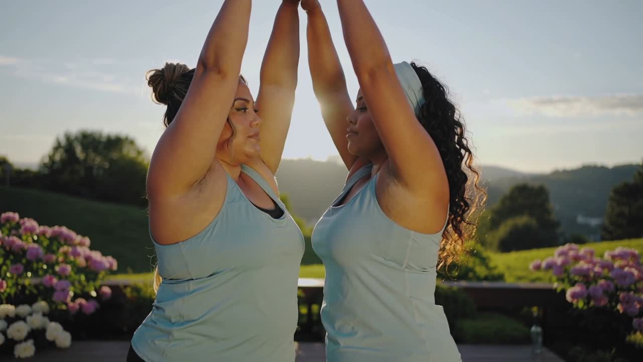 Duas mulheres iniciando alongamento fitness em tapetes de ioga, levantando os braços e pressionando as palmas para uma pose em dupla.