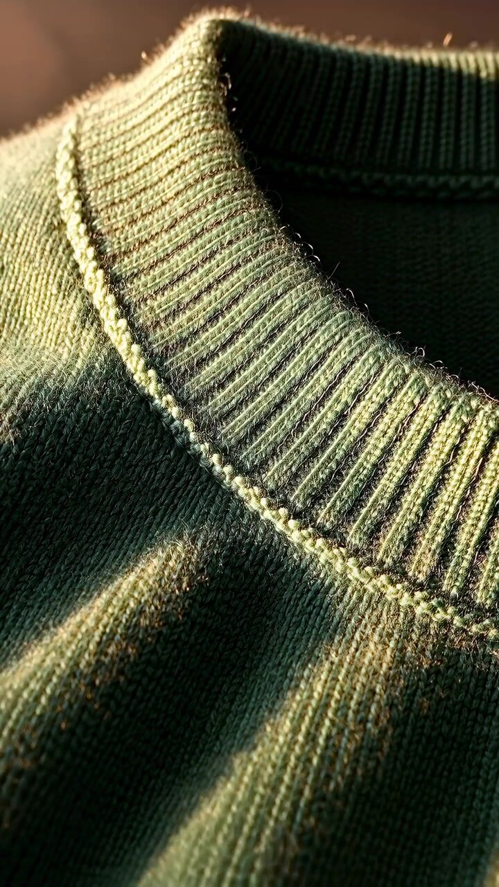 Close-up view of green knit garment reveals ribbed collar and changing fabric texture as light moves across folds, with soft shadows, detailed fibers, and vertical framing emphasizing material surface