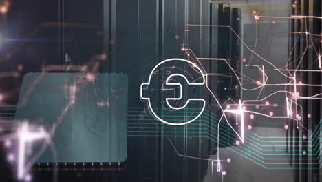 animation of euro sign over network and data processing over computer servers