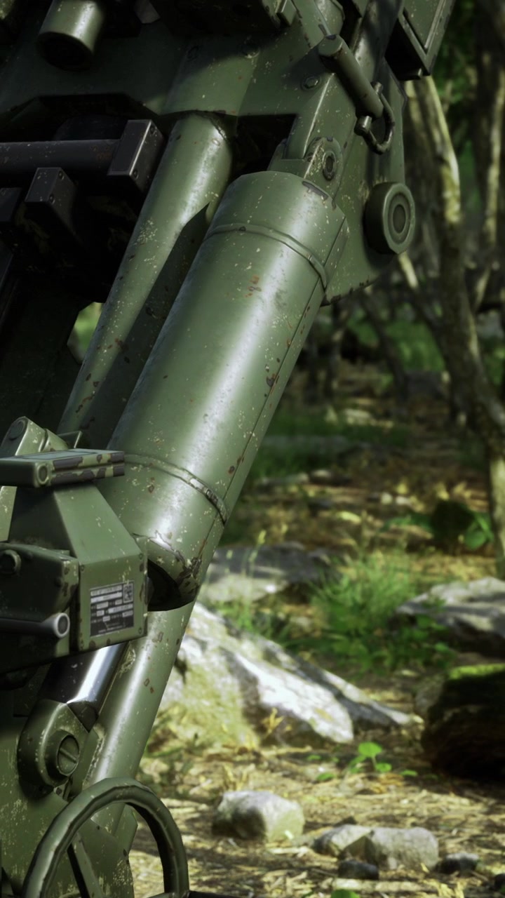 Military equipment at training site surrounded by trees and rocks